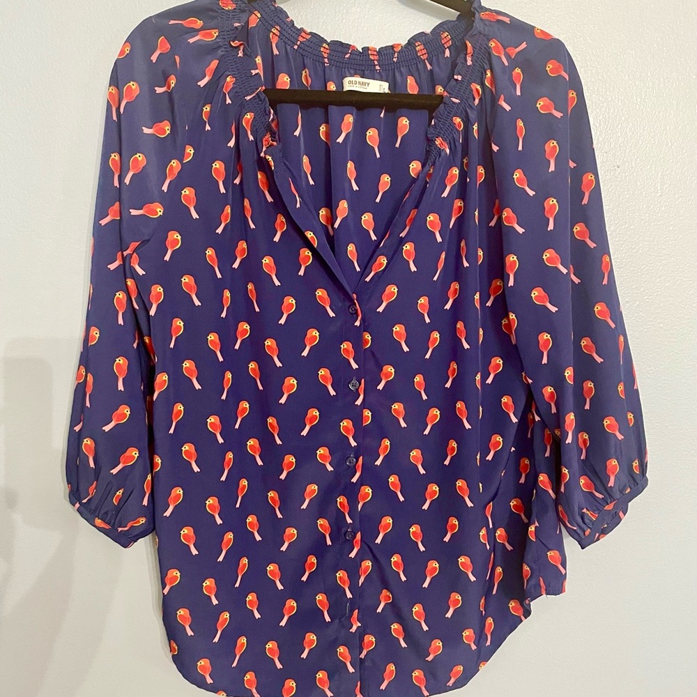 Old Navy Button Down Navy Blue with Birds Size Large